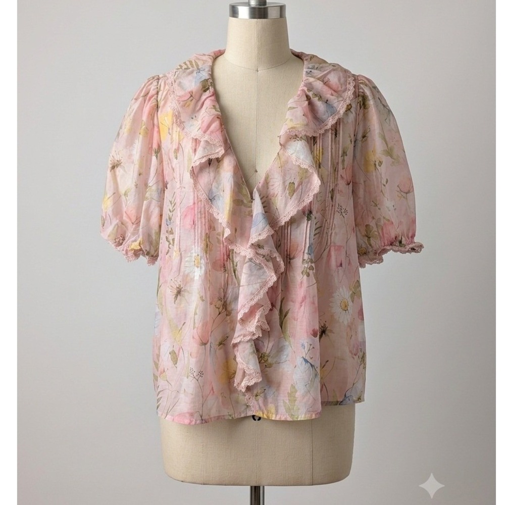 Lucky & Coco‎ Pink Floral Ruffle V-Neck Blouse XL Cottagecore Puff Sleeve